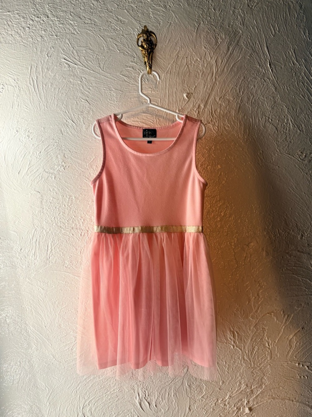 Girls' Sleeveless Pink Tulle Dress with Gold Waistband